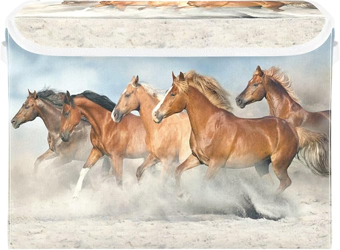 Running Horses Storage Bins with Lids Large Collapsible Storage Basket with Handles Cute Horse Foldable Fabric Storage Box Organizer for Clothes Closet Cabinet Home Office Bedroom