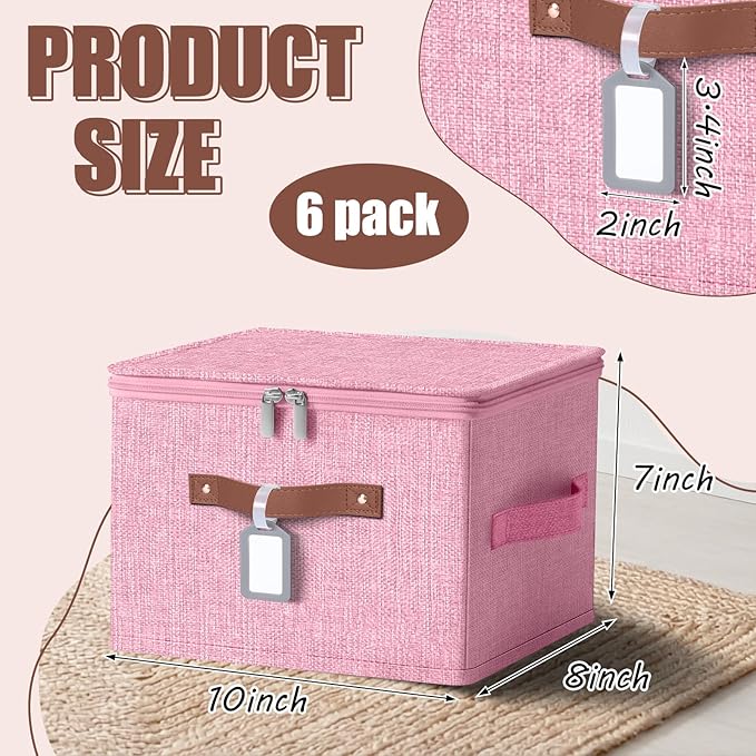 6 Pack Fabric Closet Storage Bins with Zipper Lids and Label 10×8×7In Large Size Foldable Cotton Linen Storage Cubes Boxes with PU Leather Handles Holders for Bedroom Nursery Pink