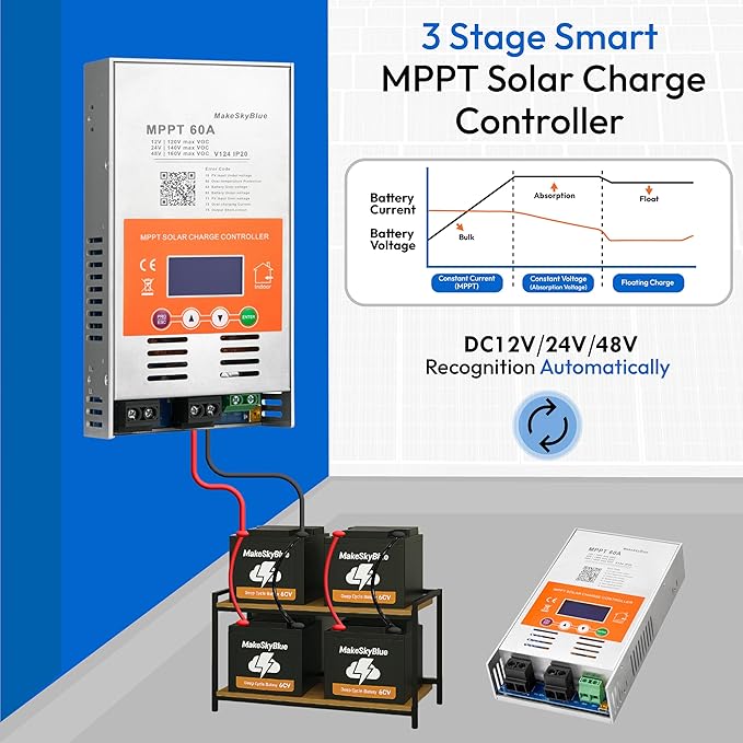 60A MPPT Solar Charge Controller 12V/24V/48V Auto 160V PV Input Lithium &amp Lead-Acid Battery Support Bluetooth Cloud Monitoring Solar Regulator for Off-Grid System