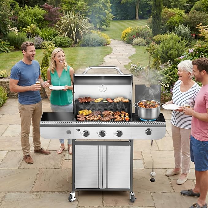 R.W.FLAME 3-Burner Gas Grill with Side Burner 34000 BTU Propane BBQ Grill Stainless Steel Outdoor Grill with Porcelain-Enameled Grates for Backyard Patio Camping