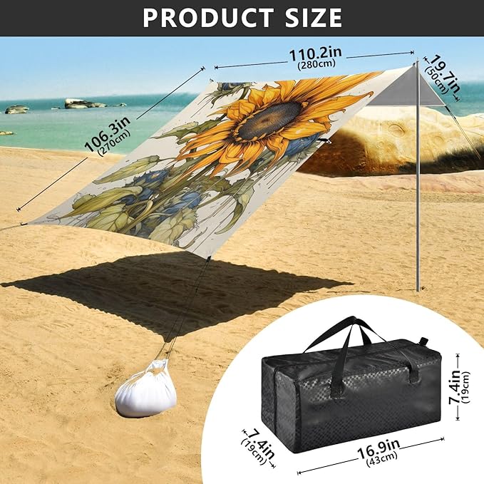 ALAZA Sunflower Sketchy Beach Tent Sun Shelter Portable Canopy Sunshade for Outdoor Camping Picnics Backyard Fun 10x9 ft