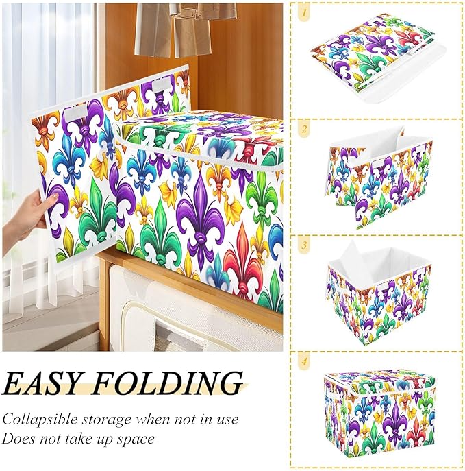 Mardi Gras Storage Baskets with Lids Collapsible Bins Stackable Fabric Linen Baskets Closet Organizer Container 16.5x12.6x11.8