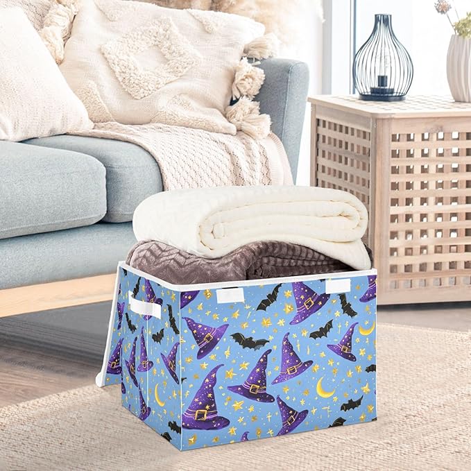 Halloween Wizard Hats Moons Stars Storage Box with Lid 1 PC Foldable Storage Bin with Lids Stackable Storage Bins Cube Closet Organizer Basket with Flip-Top Lid &amp Handles for Shoes Books To