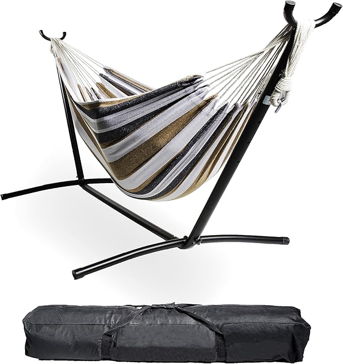 Backyard Expressions - 914921 - Portable Double 2 Person Outdoor Hammock with Stand - Brown and Gray - 9 x 3 Foot Hammock