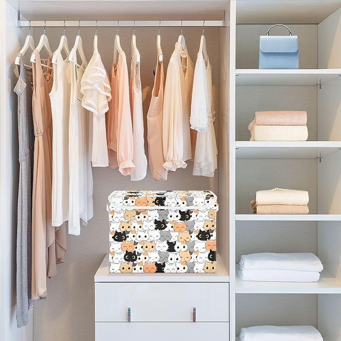 Storage Box Cat Cartoon Closet Storage Bins with Lids Foldable Oxford Fabric Storage Box for Home Bedroom Closet Office (16.5x12.6x11.8 in)