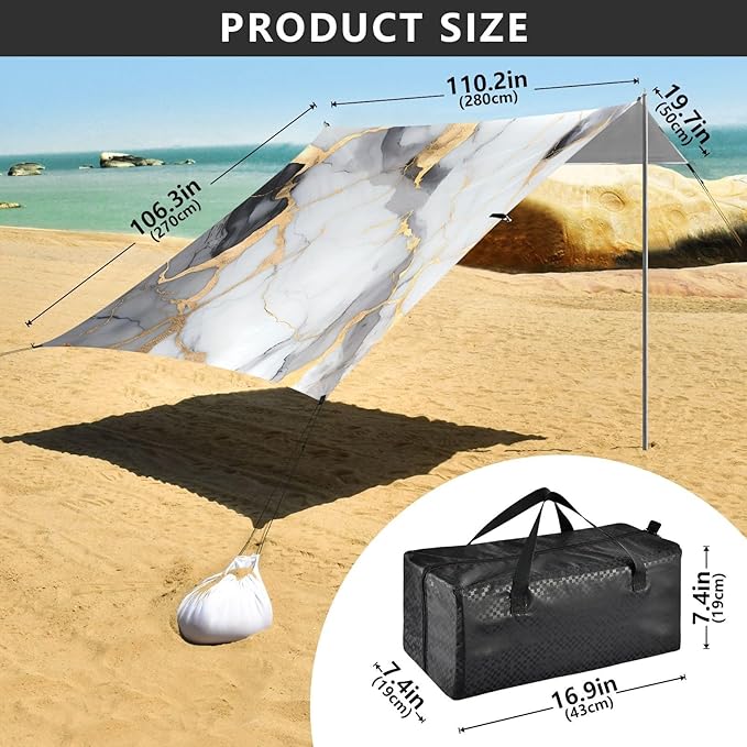 ALAZA White &amp Gold Marble Beach Tent Sun Shelter UPF50+ Protection Beach Shade Canopy w/ 4 Sandbags for Outdoor Camping Fishing Backyard Fun Picnic 10x9 ft