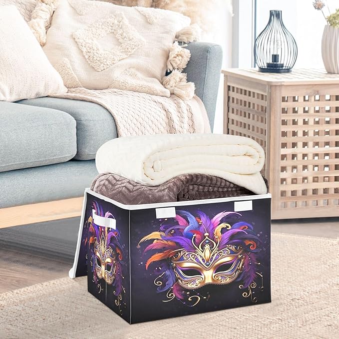 Christmas Storage Baskets with Lids Carnival Masquerade Mask Collapsible Bins Stackable Fabric Linen Baskets Closet Organizer Container 16.5x12.6x11.8