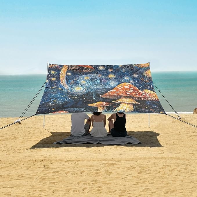 ALAZA Mushroom Starry Night Galaxy Art Beach Tent Sun Shelter Portable Canopy Sunshade for Outdoor Camping Picnics Backyard Fun 10x9 ft