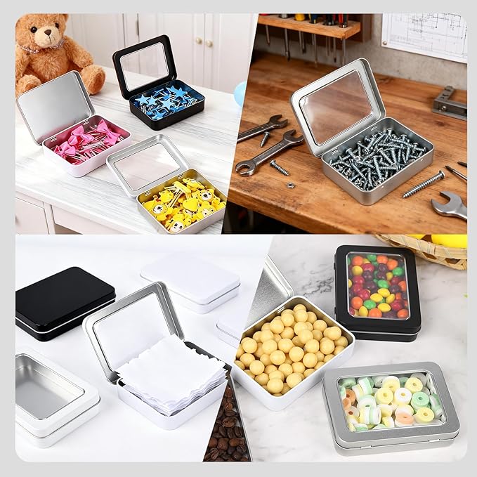24 Pack Empty Rectangular Metal Storage Organizer Tins with Clear Window Hinged Lids for Small Items and Other Craft Projects (Black 3.9 x 2.8 x 0.8 inch)