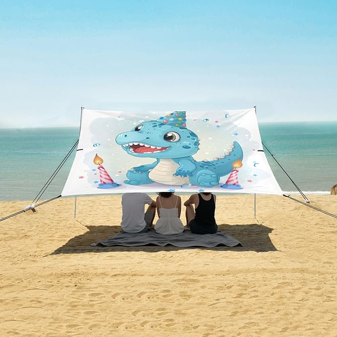 ALAZA Cute Dino Dinosaur Birthday Beach Tent Sun Shelter UPF50+ Protection Beach Shade Canopy w/ 4 Sandbags for Outdoor Camping Fishing Backyard Fun Picnic 10x9 ft