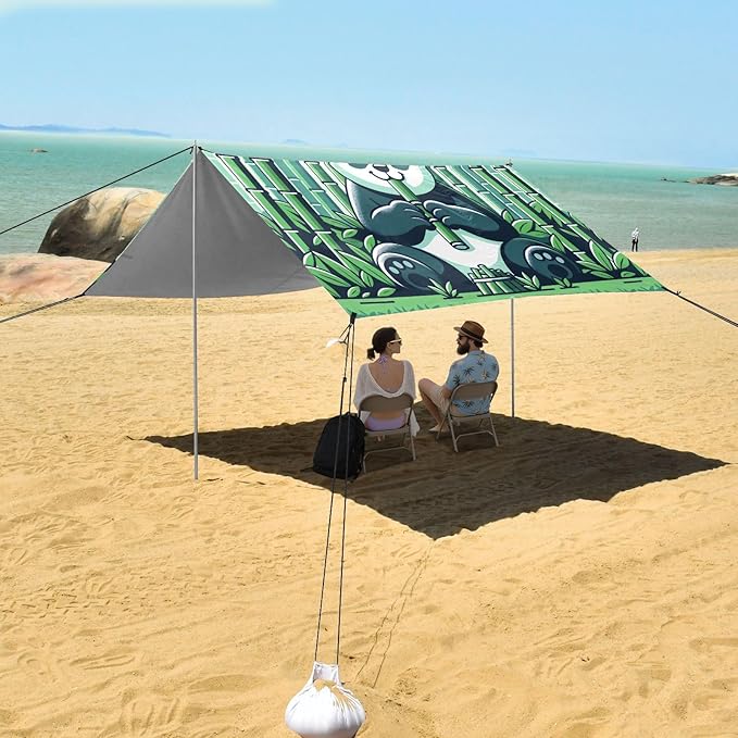 ALAZA Panda Bamboos Beach Tent Sun Shelter UPF50+ Protection Beach Shade Canopy w/ 4 Sandbags for Outdoor Camping Fishing Backyard Fun Picnic 10x9 ft