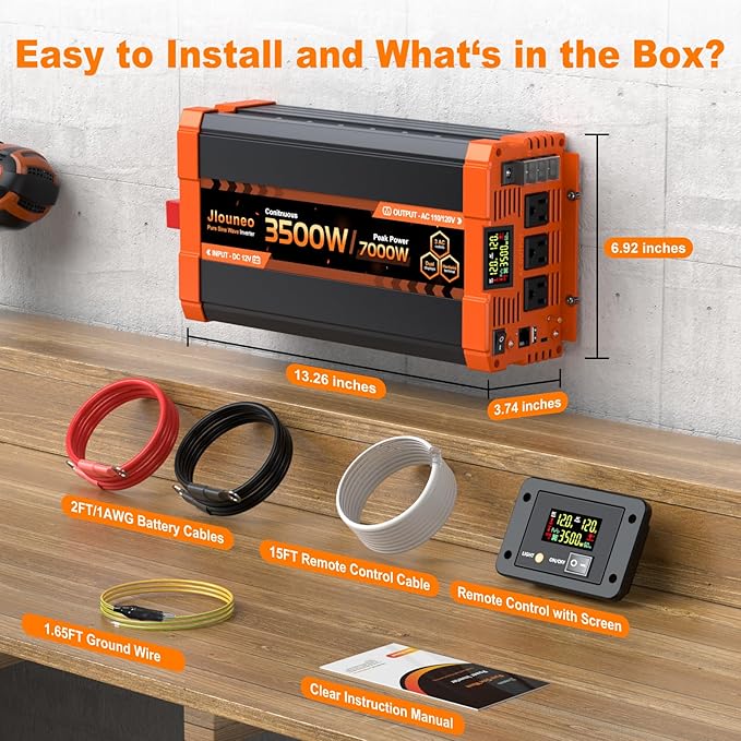 3500W Pure Sine Wave Inverter 12V DC to 110V/120V AC Power Inverter for Truck Semi Truck RV Off-Grid Solar Home Backup with 3 AC Outlets Dual LCD Display Remote Control Hardwire Port