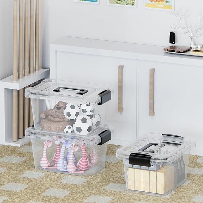 Cetomo Lidded Storage Bin Tote Organizing Container with Handle and Buckles Stackable Plastic Clear 6.8Qt Pack of 12
