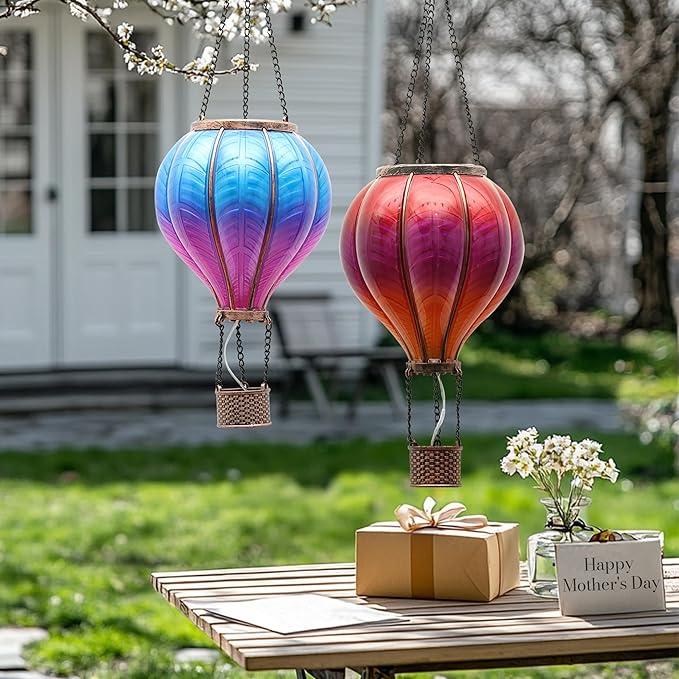 TERESA'S COLLECTIONS 2 Pcs Hot Air Balloon Solar Lantern Outdoor Garden Decor Waterproof Hanging Solar Lantern with Flickering Flame Light for Yard TreeGift for Mom Lovers18