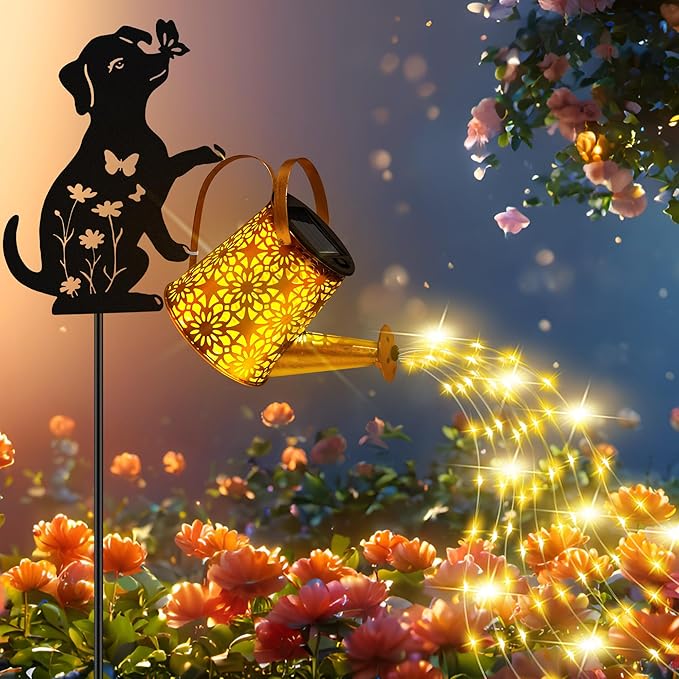 Solar Lights Outdoor Decorative Watering Can with Cascading Lights with Dog Silhouette Garden Stakes Waterproof Metal Garden Decor Mom 2 Pack