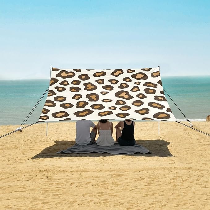 ALAZA Leopard White &amp Brown Cheetah Print Beach Tent Sun Shelter UPF50+ Protection Beach Shade Canopy w/ 4 Sandbags for Outdoor Camping Fishing Backyard Fun Picnic 10x9 ft