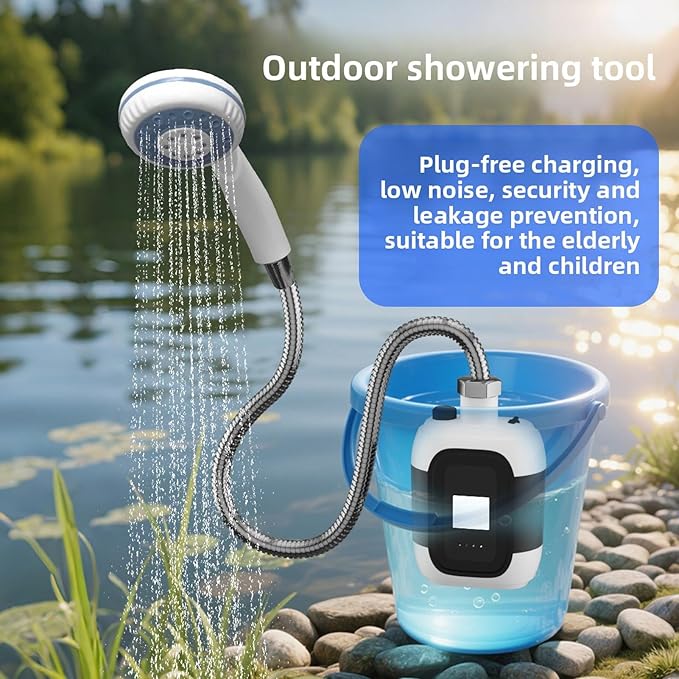Ymiko Portable Camping Shower Set Rechargeable Electric Shower Pump with 2000mAh Battery Powerful Water for Outdoor Travel RV Camping Pet Washing Black Plastic Stainless Steel