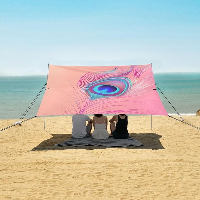 ALAZA Pink Peacock Feather Beach Tent Sun Shelter Portable Canopy Sunshade for Outdoor Camping Picnics Backyard Fun 10x9 ft