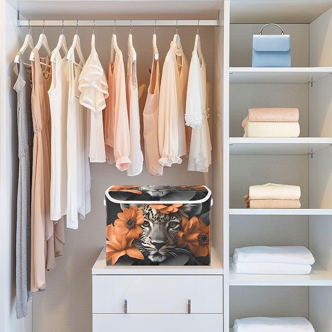 Storage Cube with Lid Floral with Leopard Print 16.5×12.6×11.8 IN Collapsible Large Capacity Foldable Storage Basket Bin Organizer