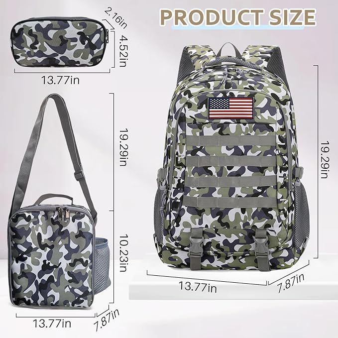 Camo Backpack for Boys 3 in 1 Set 19 Inch 55L Tactical Bookbag with Lunch Box Pencil Case Molle System School Backpack for Elementary Middle High School Outdoor Camping Hiking Travel for Kids Teens