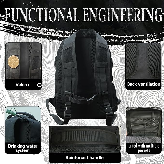 Military Tactical Backpack for Men Army 1 Day Assault Pack Molle Bag Bug Out Bag 25L Black