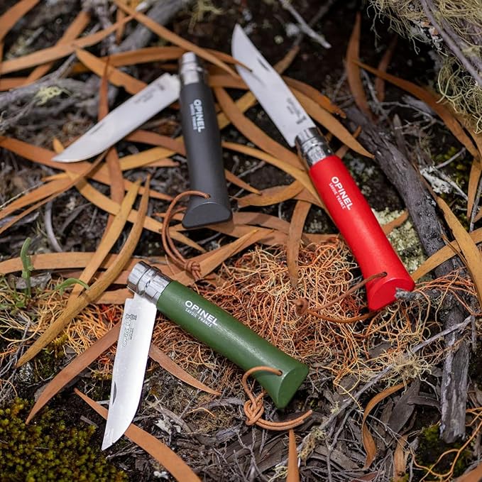 Opinel Colorama Series No. 8 - Stainless Steel Everyday Carry Folding Pocket Knife with Leather Strap Painted Hornbeam Handles