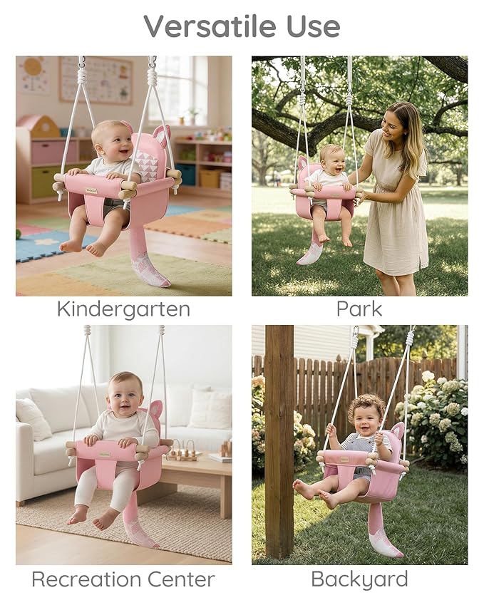 Wooden Baby Swing with Safety Belt - Adjustable Infant &amp Toddler Swings for Indoor/Outdoor Use Includes Mounting Hardware (Fox Design Pink)