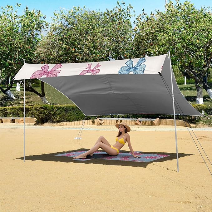 ALAZA Blue Pink Bow Heart Pattern Beach Tent Sun Shelter Portable Canopy Sunshade for Outdoor Camping Picnics Backyard Fun 10x9 ft