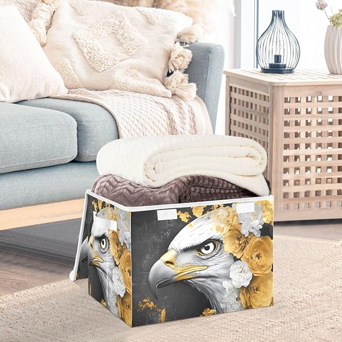 AIXIWAWA Lidded Storage Cube (Bird Gold Floral) Fabric Foldable Closet Bins with Flip Lid and Handles Organizer Basket Container 16.5 x 12.6 x 11.8 IN