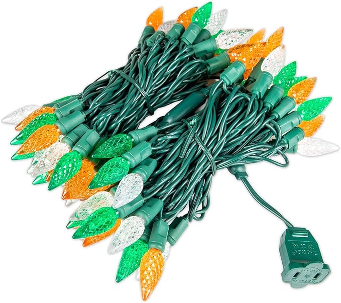 70 Light 24Ft St. Patrick’s Day Lights Commercial String Lights C6 LED Strawberry Faceted Bulb – Green/White/Orange Green Wire Indoor/Outdoor Full Wave No Flicker Connect 43 Sets