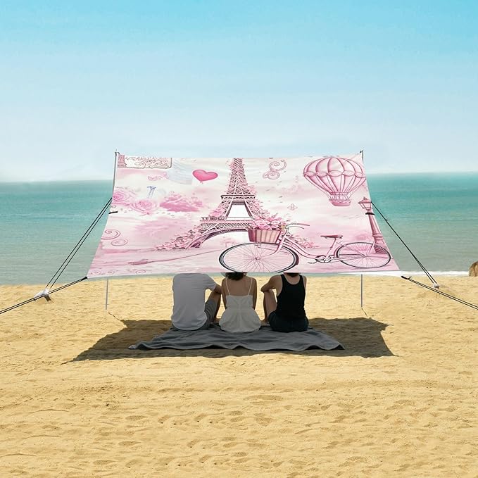 Beach Canopy with Windproof Ropes &amp Sandbags Beach Tent Sun Shade Sun Shelter for Camping Trips Fishing Backyard Fun or Picnics Eiffel Tower