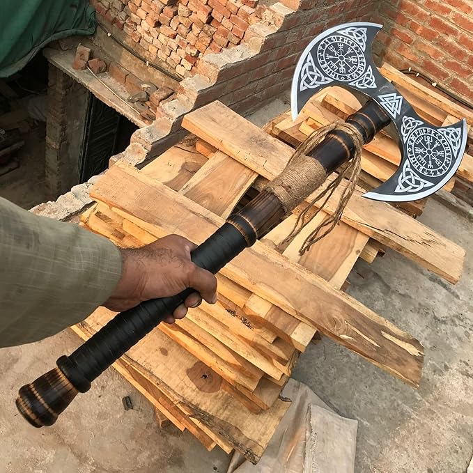 [MDM King Tools] Custom Handmade Viking Axe Medieval Ax with Viking Gift Hand Axes Viking Gifts for Men Camping Tomahawk Bearded Ragnar Axe with Leather Sheath (Dobule)