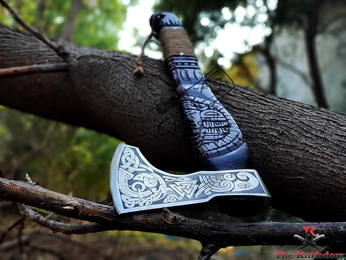 FS Crafts 21 Custom Handmade Carbon Steel Viking Axe Hand Forged Outdoor Hunting Camping Norse Axe Hatchet Bearded Dane Axe Ragnar Engraved Handle with Leather Sheath AXE003FR