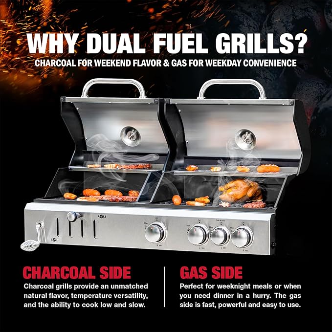 3 Burner Propane Gas and Charcoal Grill Combo with Side Burner &amp Porcelain-Enameled Cast Iron Grates 37000 BTUs 685 SQIN Dual Fuel Outdoor BBQ Grill for Patio Garden Picnic Backyard Barbecue Coo