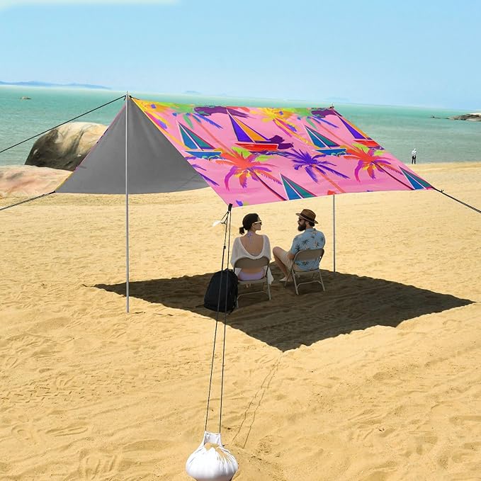 Beach Canopy with Windproof Ropes &amp Sandbags Beach Tent Sun Shade Sun Shelter for Camping Trips Fishing Backyard Fun or Picnics Palm Tree