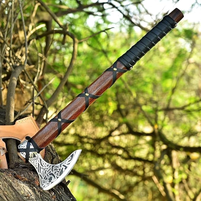 Custom Handmade Viking Axe Ragnar Wood Handle Carbon Steel with Leather Sheath(FM-03)