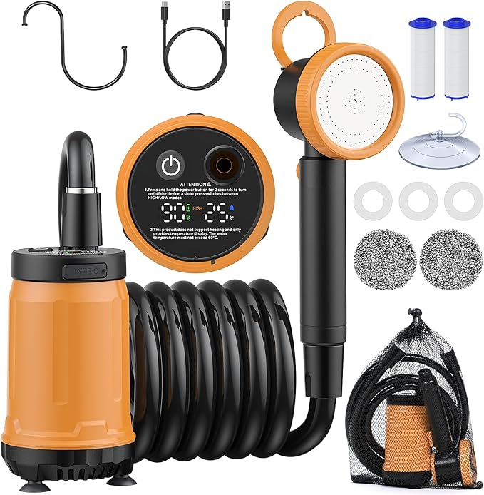 Novast Portable Shower for Camping 8000mAh Rechargeable Outdoor Shower Pump with Filtered Showerhead IPX8 Waterproof LED Display for Hiking RV Car Washing Pet Bath &amp Plants