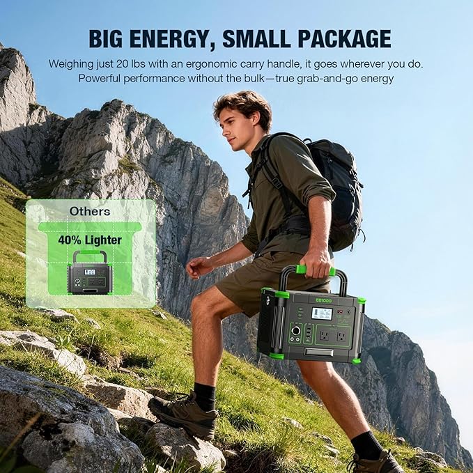 Solar Generator 1000W（2000W Peak）Portable Power Station 110V Pure Sine Wave AC Outlets 60W USB-C PD Fast Charging 10 Ports for RV TripCampingHome Emergency