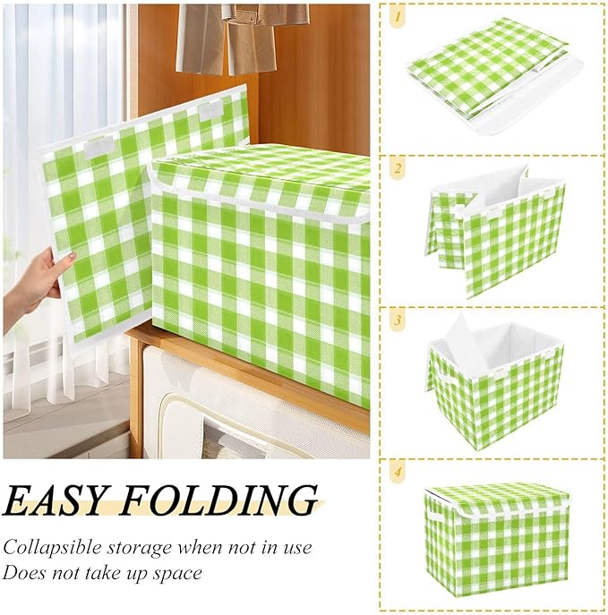 Spring Green Gingham Checker Storage Box with Lid 1 PC Foldable Storage Bin with Lids Stackable Storage Bins Cube Closet Organizer Basket with Flip-Top Lid &amp Handles for Shoes Books Towels