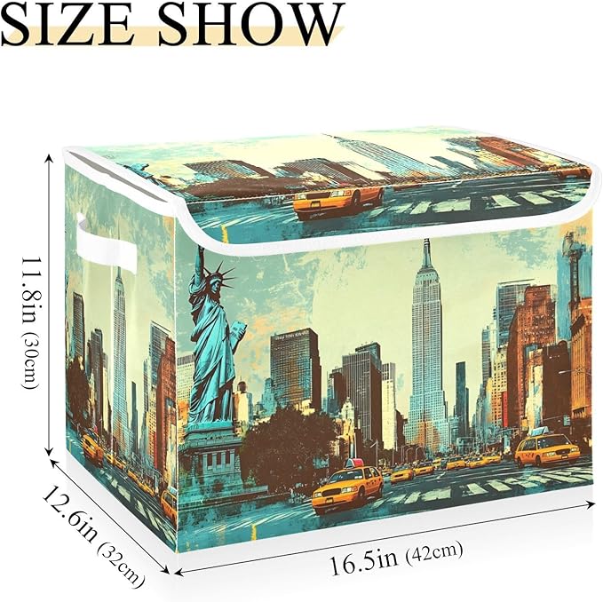 Storage Cube with Lid New York Painting Print 16.5×12.6×11.8 IN Collapsible Large Capacity Foldable Storage Basket Bin Organizer