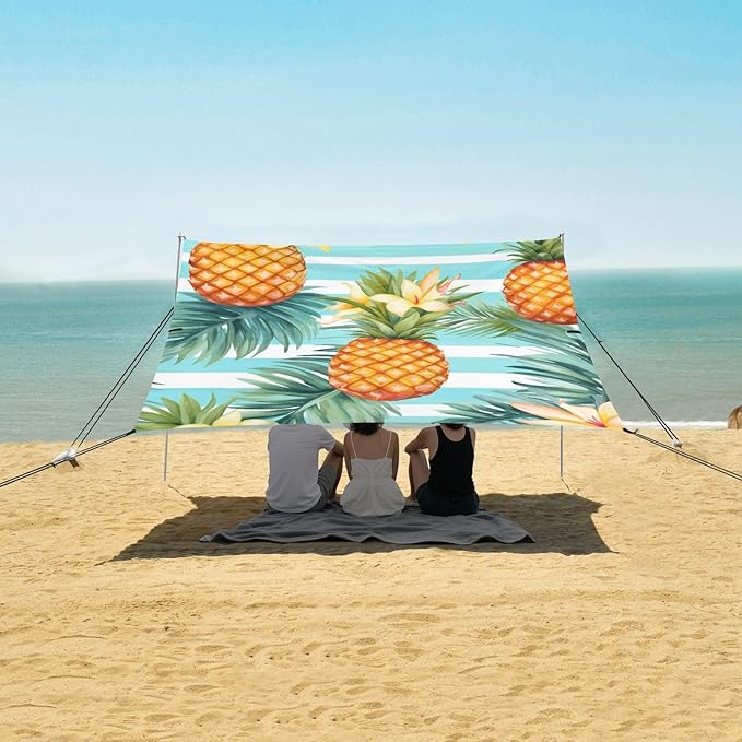ALAZA Pineapples Palm Leaves Flowers on A Striped Beach Tent Sun Shelter Portable Canopy Sunshade for Outdoor Camping Picnics Backyard Fun 10x9 ft