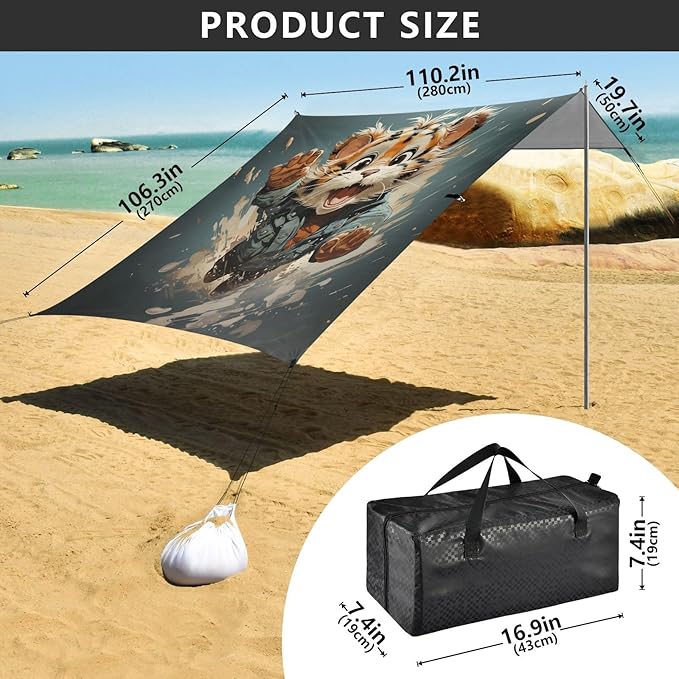 ALAZA Cute Tiger Beach Tent Sun Shelter UPF50+ Protection Beach Shade Canopy w/ 4 Sandbags for Outdoor Camping Fishing Backyard Fun Picnic 10x9 ft