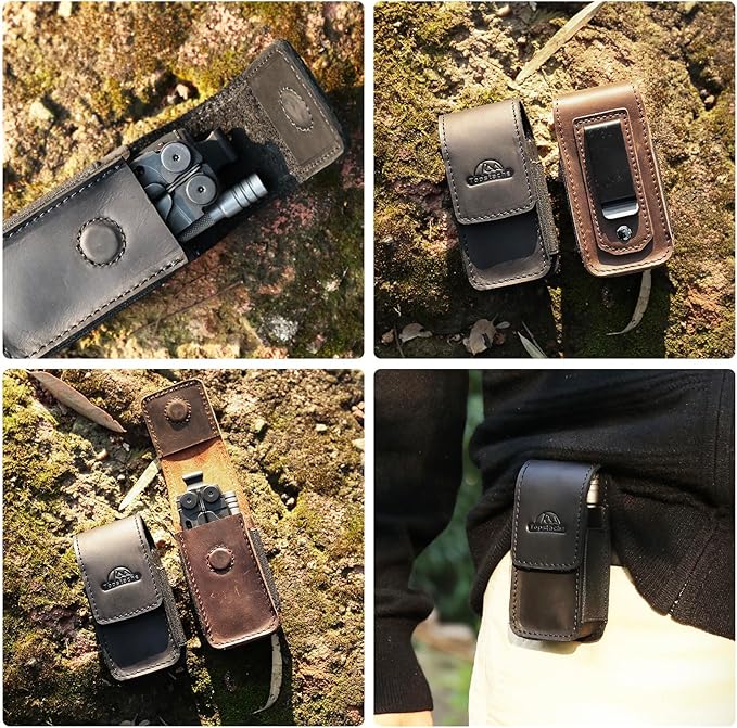 Topstache Leather Multitool Sheath with Belt Clip - EDC Multi Tool Holster for Folding Tool - Leather EDC Holster Pouch Belt Organizer - Magnetic Closure Multitool Case Sheath MBlack
