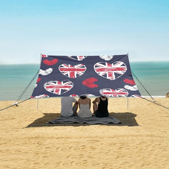 ALAZA British Flag Love Hearts Beach Tent Sun Shelter UPF50+ Protection Beach Shade Canopy w/ 4 Sandbags for Outdoor Camping Fishing Backyard Fun Picnic 10x9 ft