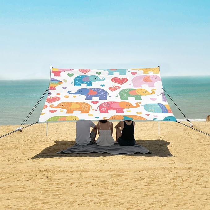 Colorful Elephant Cartoon Beach Cabana Tent UPF50+ Easy Setup Large Portable Sun Shelter with Carrying Bag for Camping Picnics Backyard