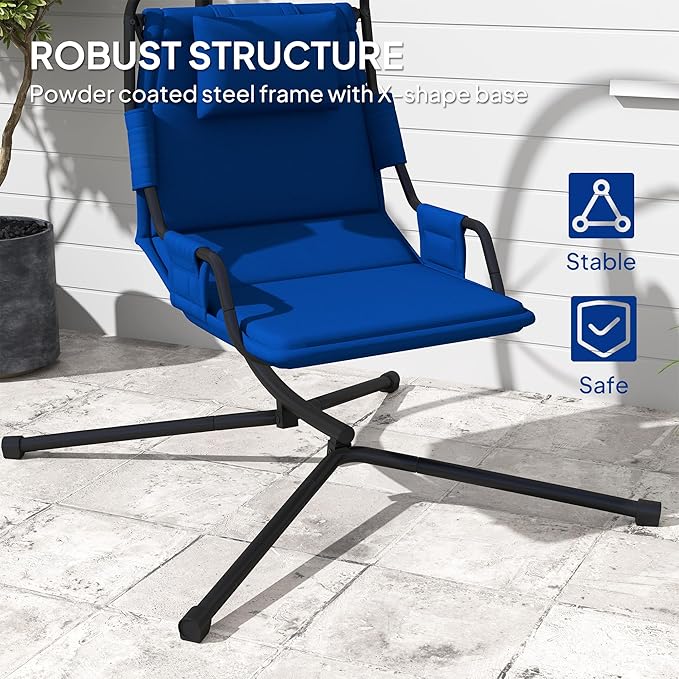 Outsunny Hammock Chair with Stand Hammock Swing with PA Coating Oxford Fabric Cushion Indoor Outdoor Hanging Chair with Chain Steel Frame for Bedroom Patio Balcony Dark Blue
