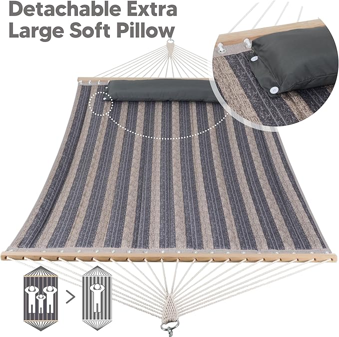 SUNCREAT Double Quilted Hammock with Hardwood Spreader Bar Extra Large Soft Pillow Heavy Duty 2 Person Hammock for Indoor Outdoor Gray Stripes