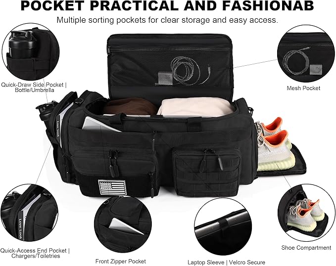 LHI 50L Tactical Duffle Bag for Men 3-in-1 Gym Duffle and Backpack Shoe Compartment Laptop Sleeve and MOLLE Carry-On Travel Weekender and Overnight Bag – Black