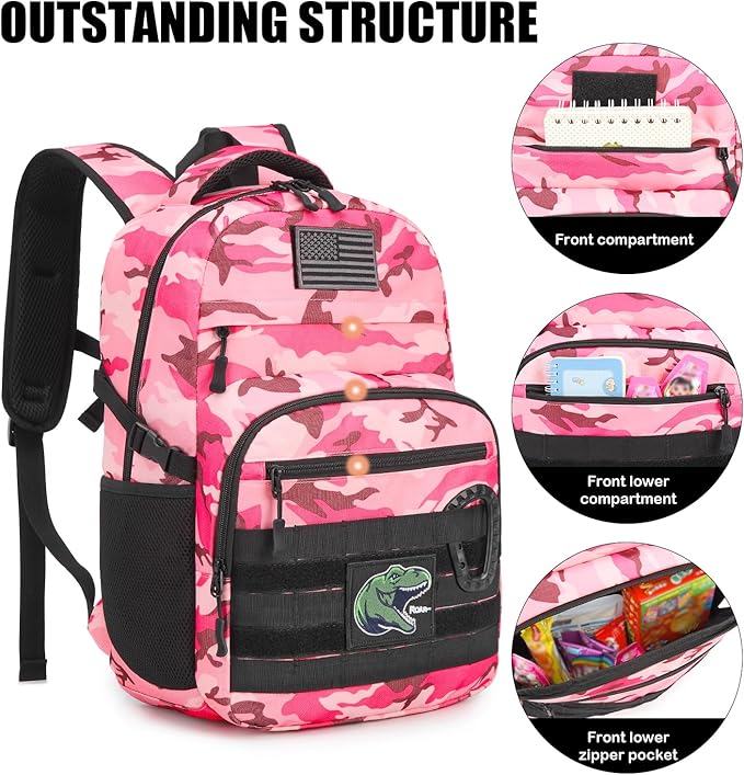 Kids Tactical Backpack Army Molle Bookbag Military Boys Backpack for School Outdoor Camping (Includes 2 Patches+1Carabiner) Pink CM