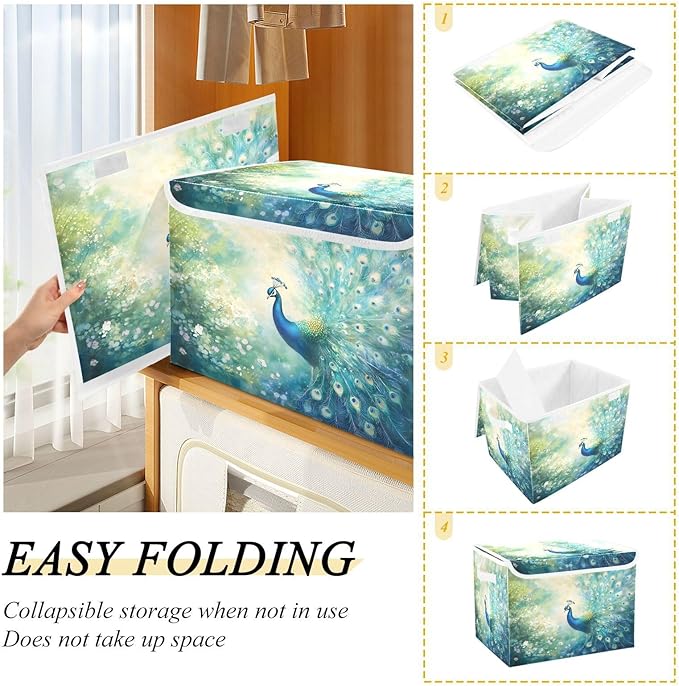 senya Baskets Collapsible Storage Bins with Lids Peacock Pattern K Storage Boxes Clothes Baskets for Organizing